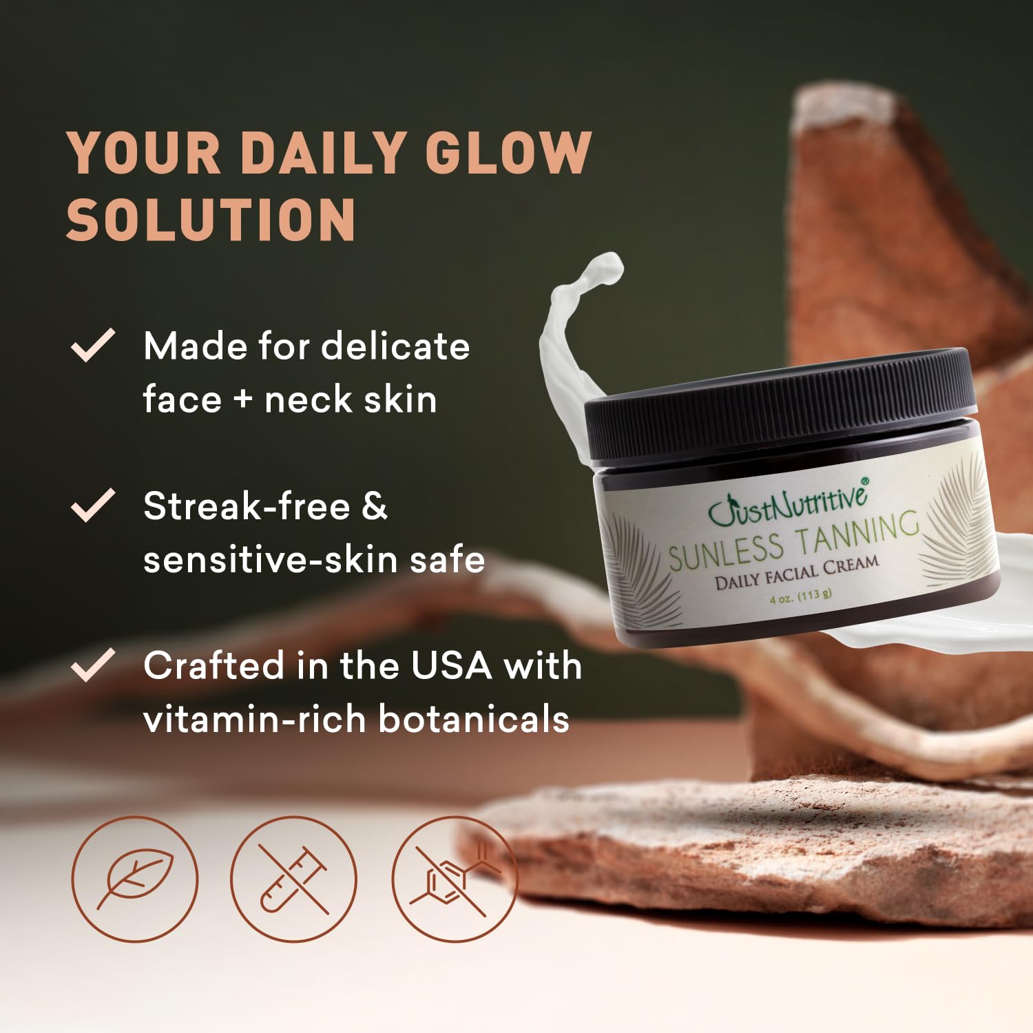 Just Nutritive sunless tanning daily facial cream swatch on skin for a bronze, even tone.