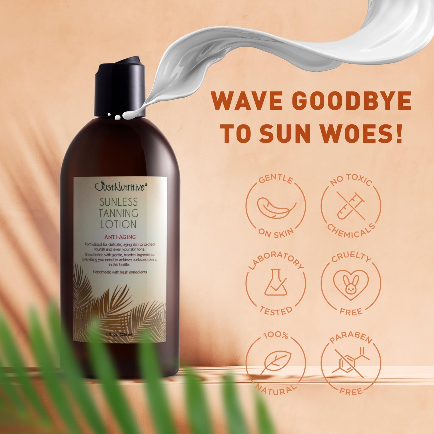 Just Nutritive sunless tanning lotion applied by hands for smooth coverage.