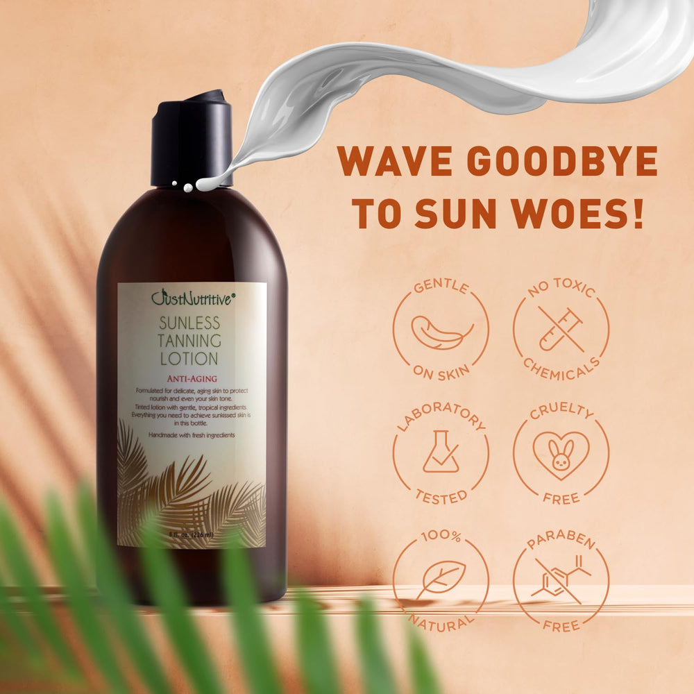 Just Nutritive sunless tanning lotion applied by hands for smooth coverage.