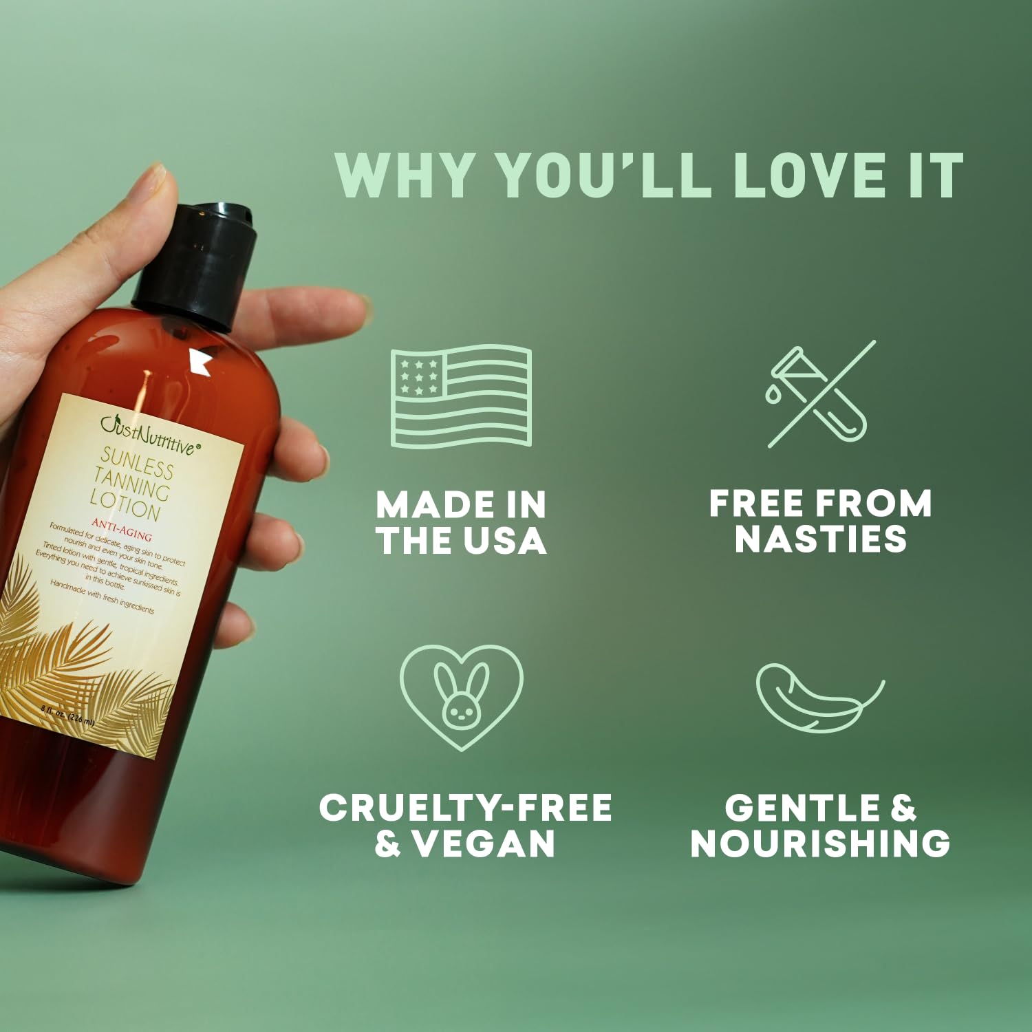 Just Nutritive sunless tanning lotion with cruelty-free branding and anti-aging vibe.