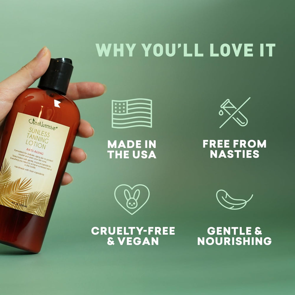 Just Nutritive sunless tanning lotion with cruelty-free branding and anti-aging vibe.