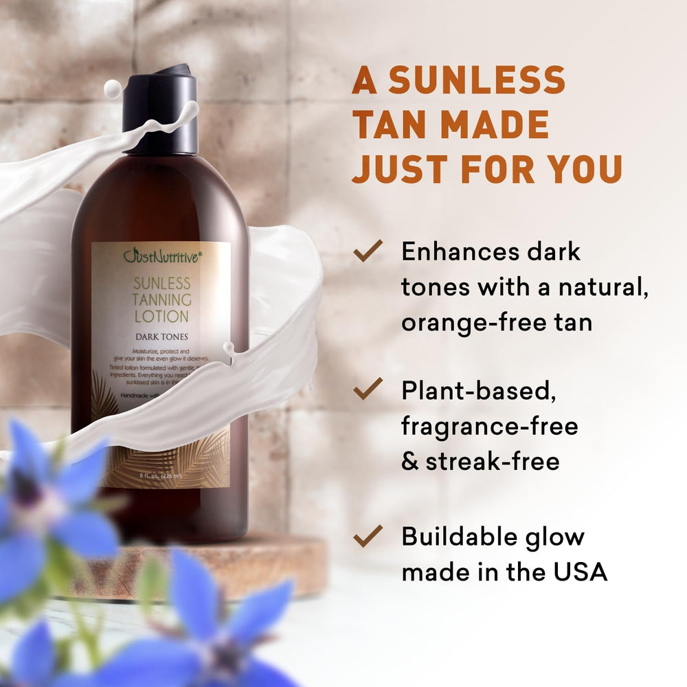 Just Nutritive Sunless Tanning Lotion Dark Tones skin close-up glow