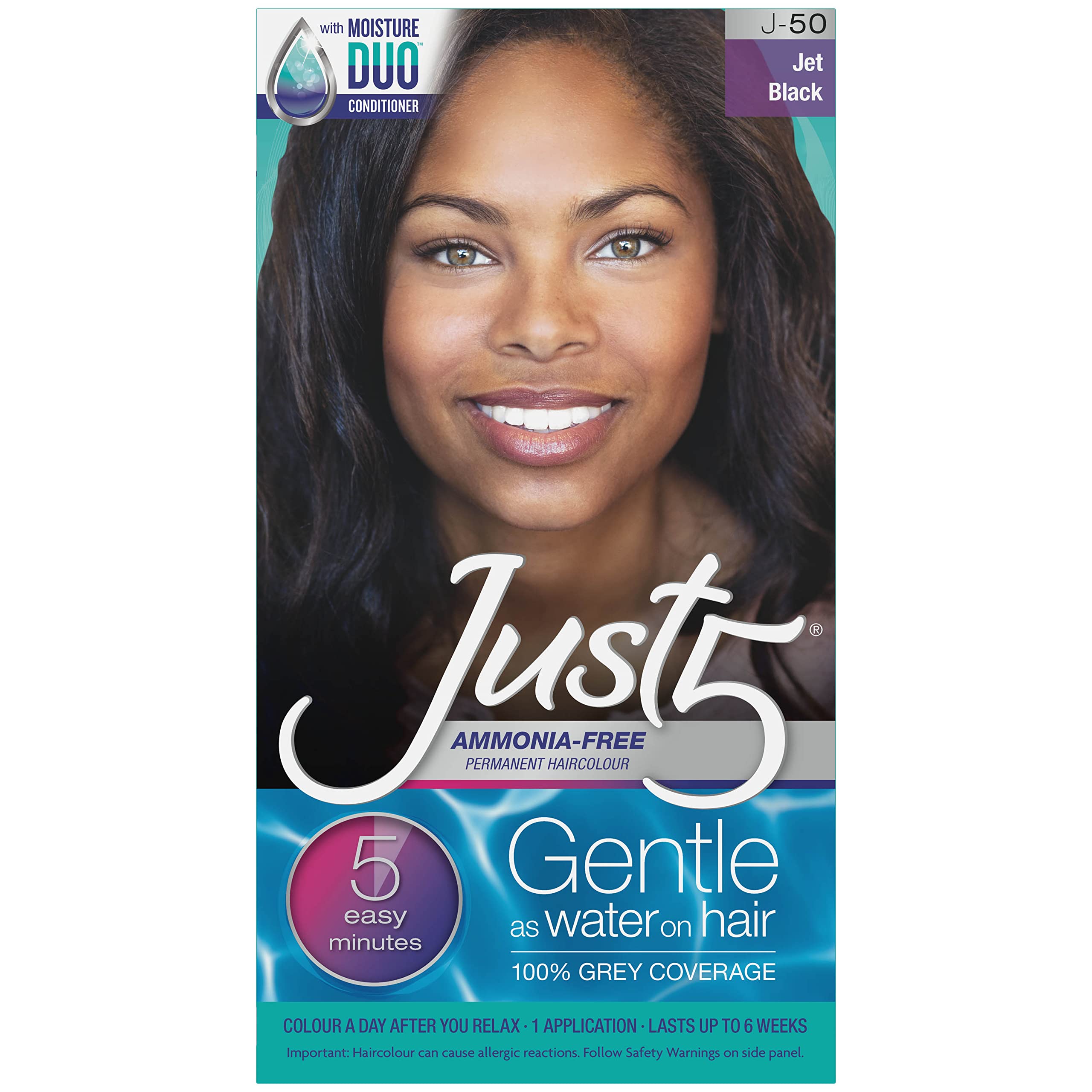 Just5 jet black color box and tube showing easy at-home gray coverage.