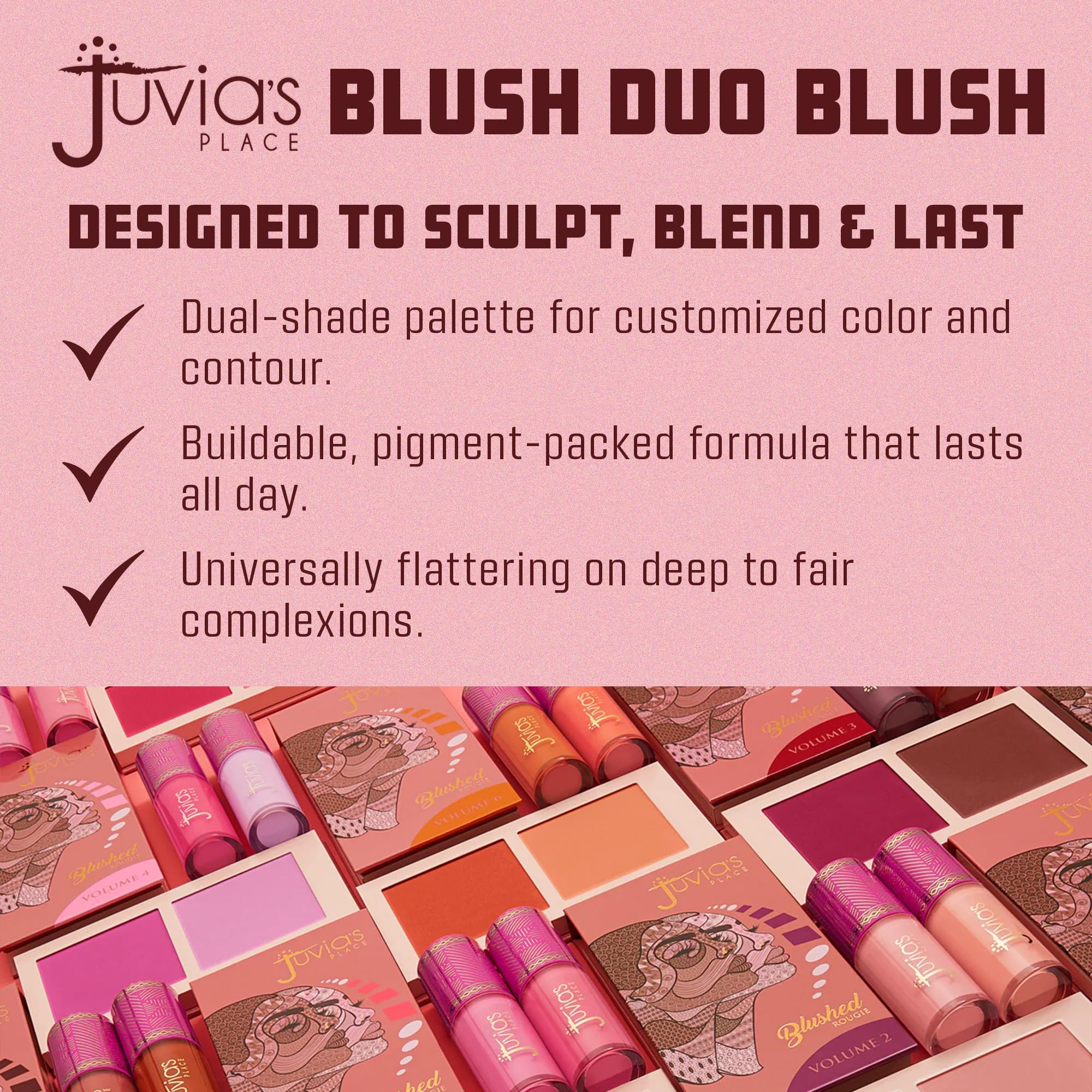 Juvia's Place Blushed Duo Blush Volume3 on cheeks delivering durable, long-lasting color