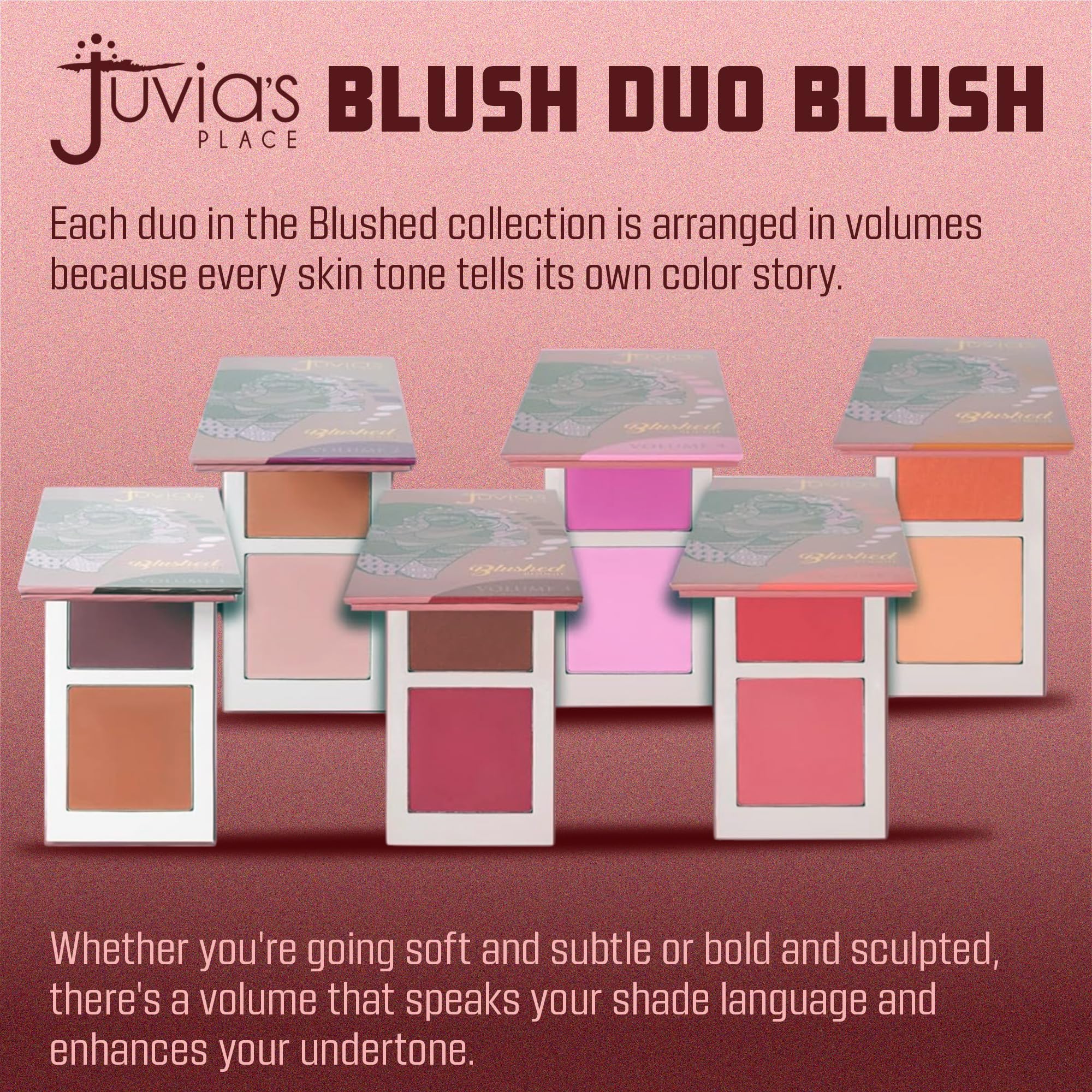 Juvia's Place Blushed Duo Blush Volume3 close-up shows complementary hues for versatile looks