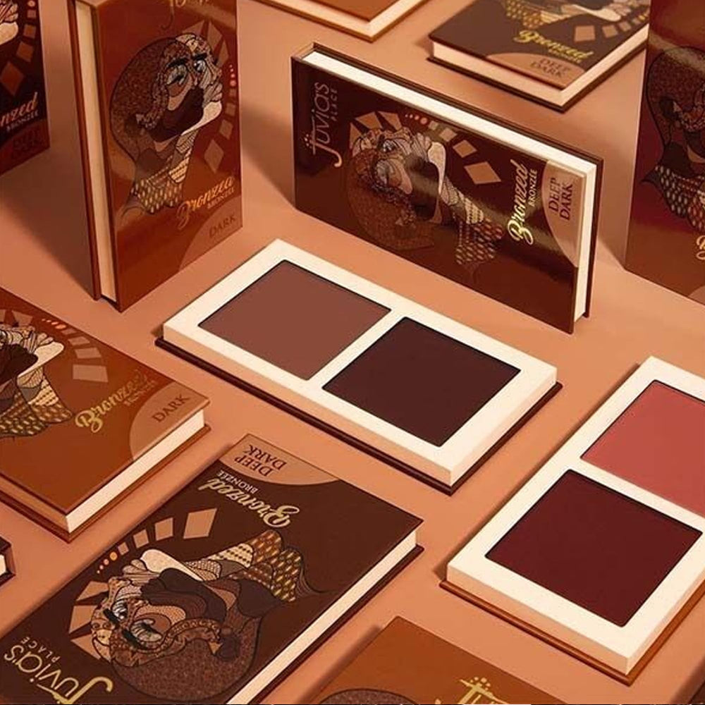 Packaging detail of Juvia's Place Bronzed Duo highlighting compact design for travel.