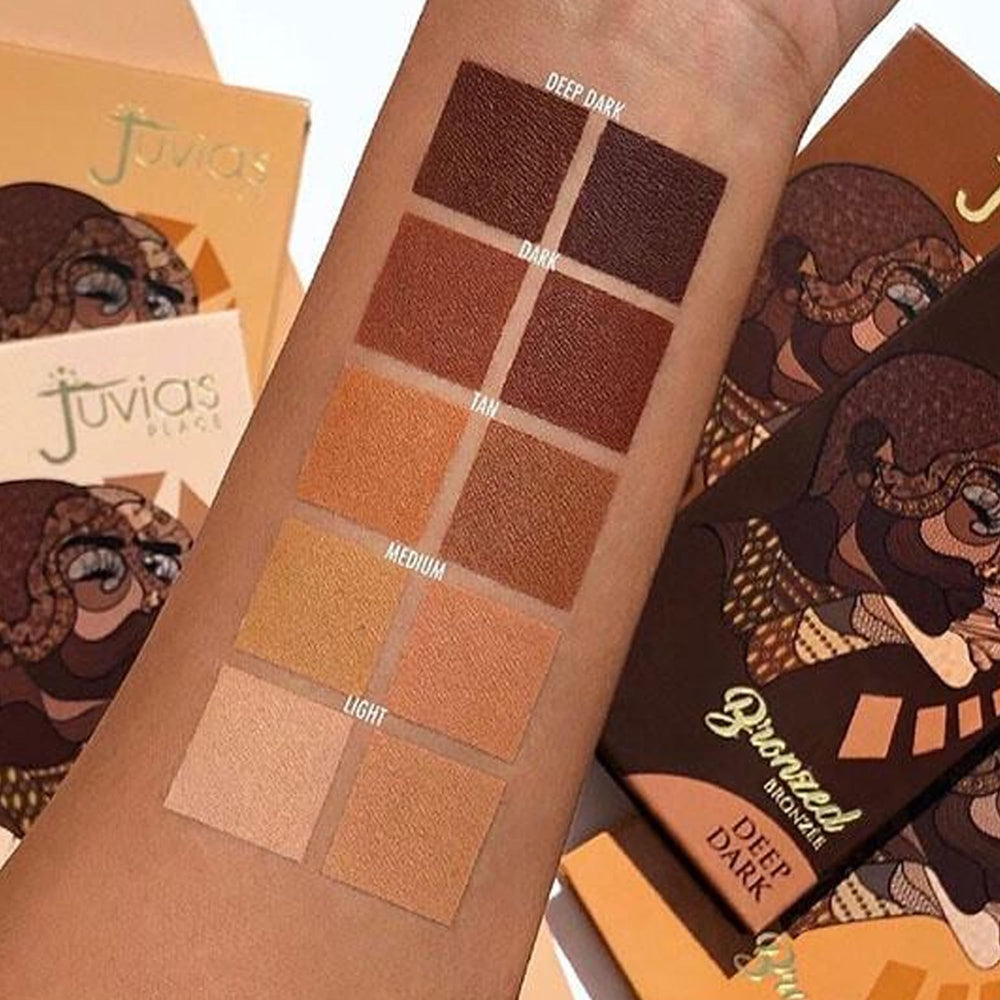 Closeup of Juvia's Place Bronzed Duo soft-matte powder in a sleek compact.