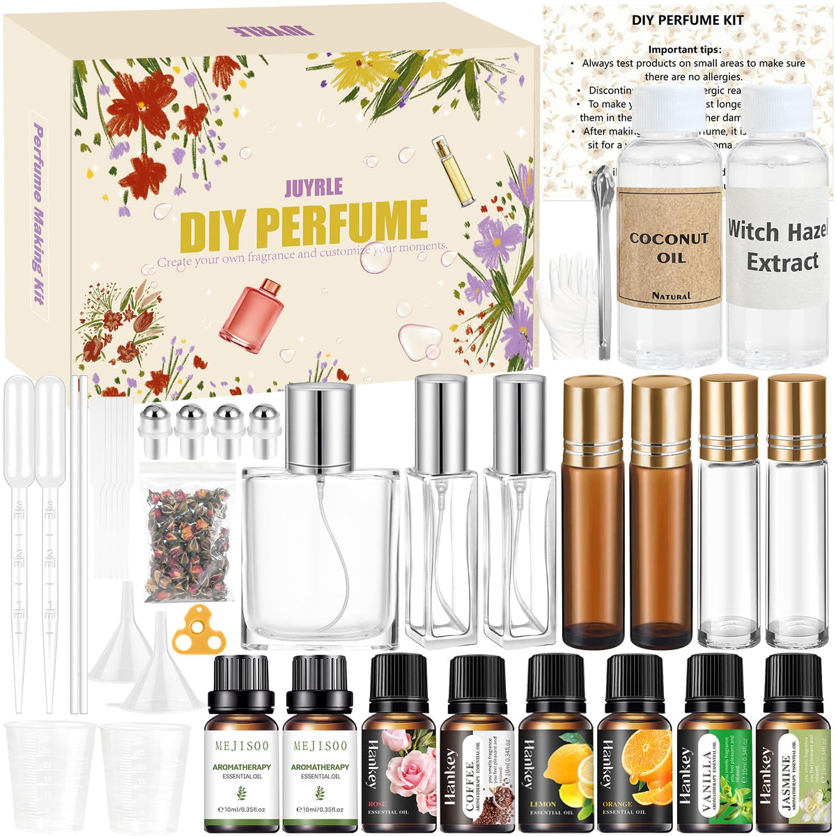 JUYRLE perfume kit contents for DIY fragrance blending and customization.