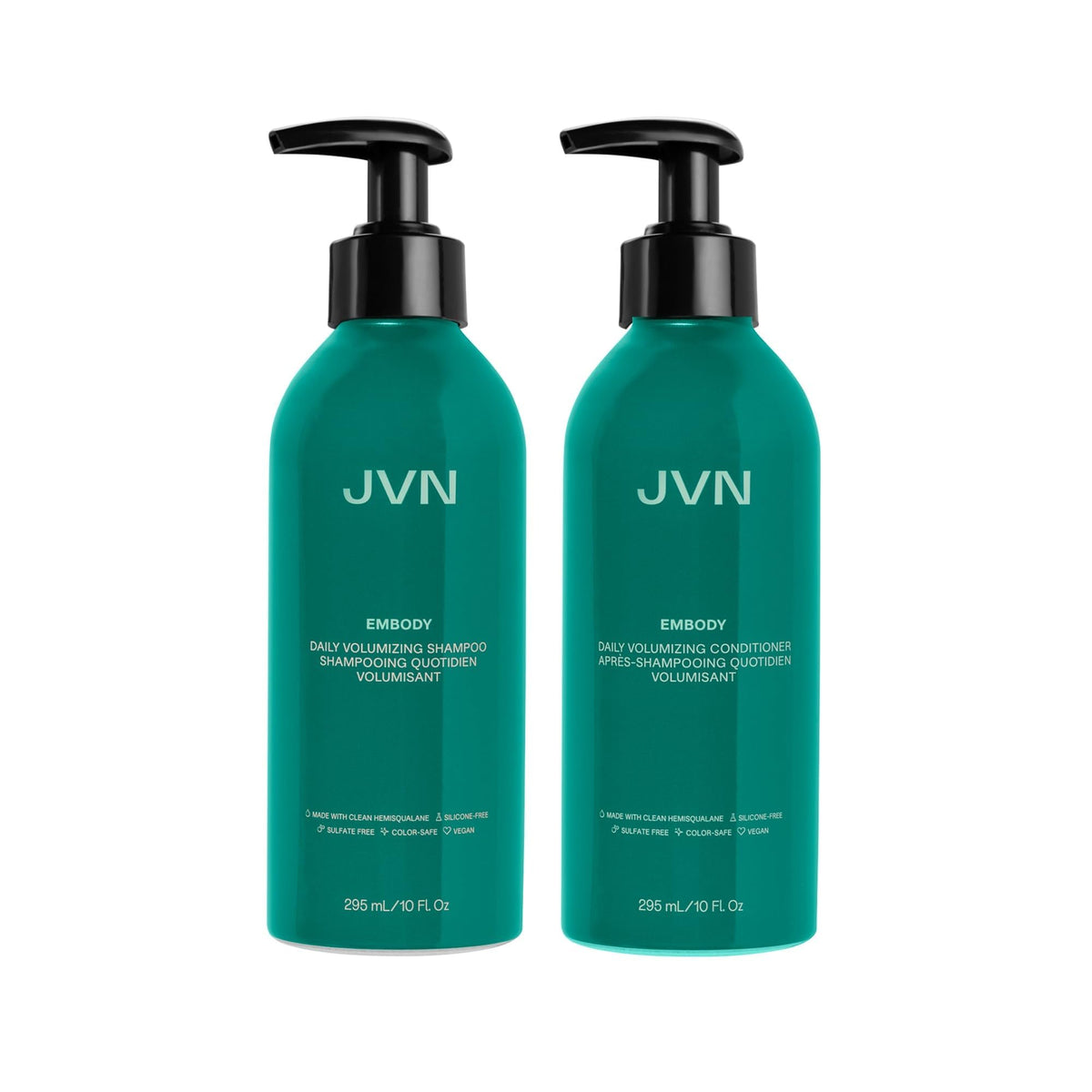 JVN Embody volumizing shampoo bottle shows fuller hair and color-safe cleansing