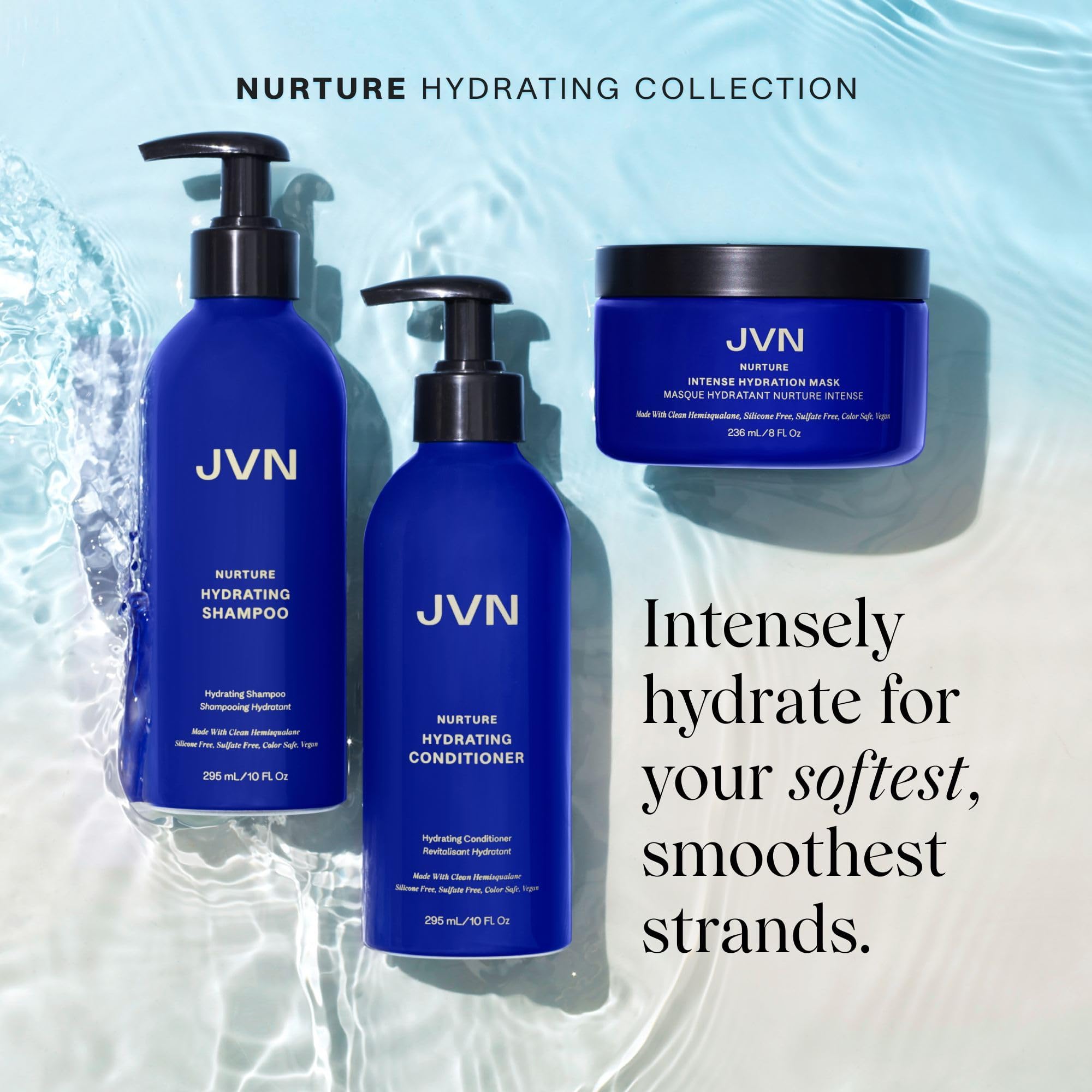 Frizz-control application using JVN Nurture, promoting detangling ease.