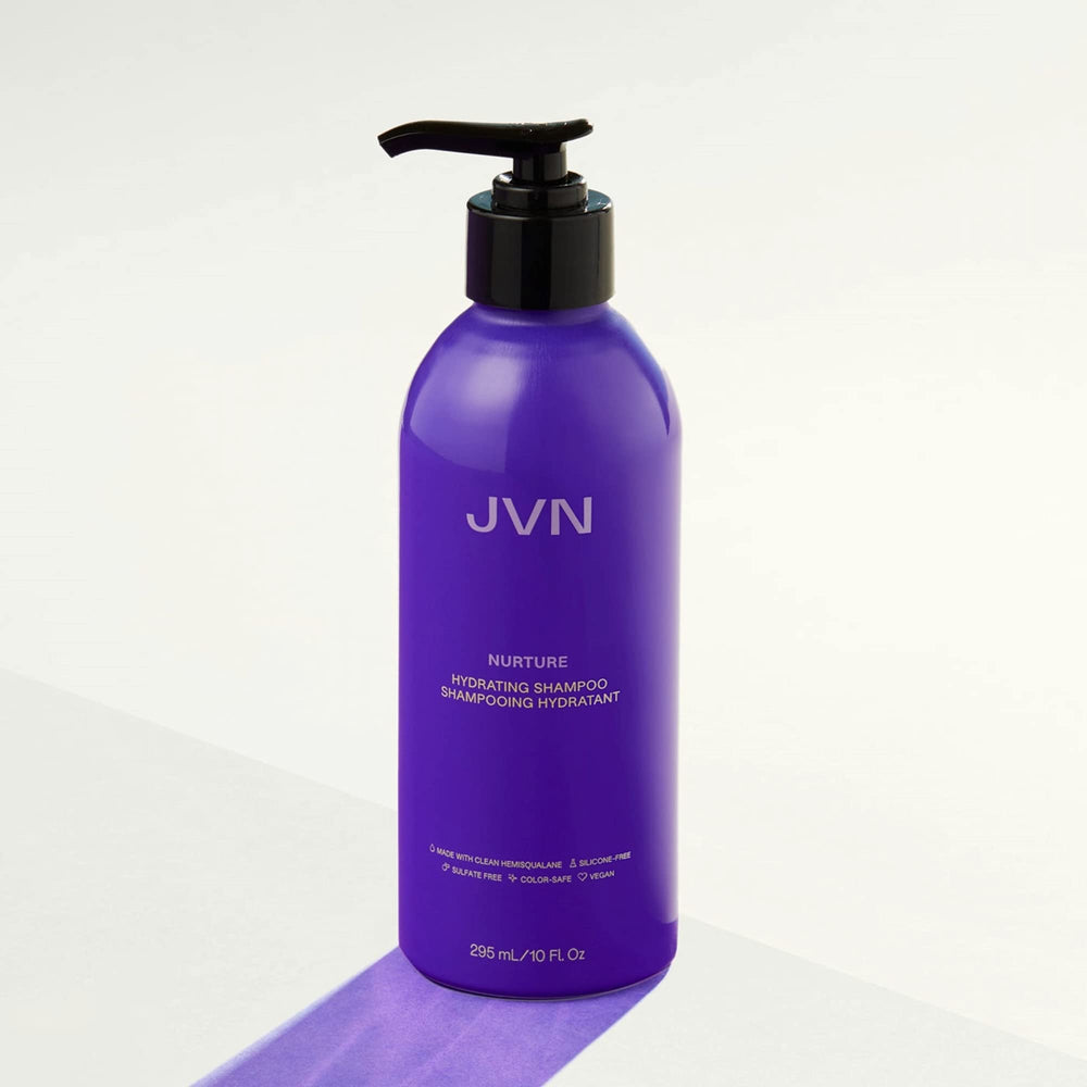 JVN Nurture Hydrating Shampoo in bathroom setup for daily moisture routine