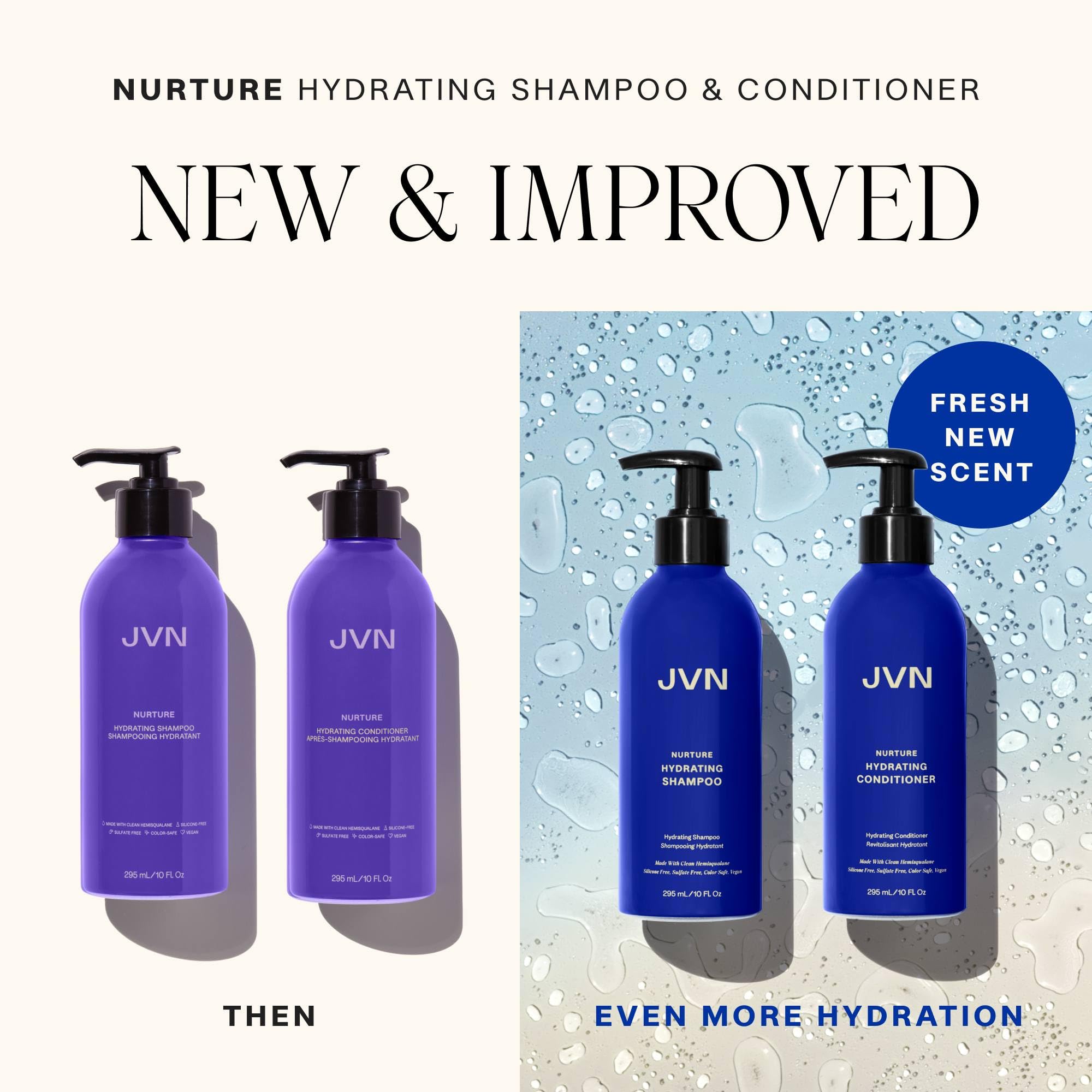 JVN Nurture Hydrating Shampoo bottle illustrating how to apply to wet hair