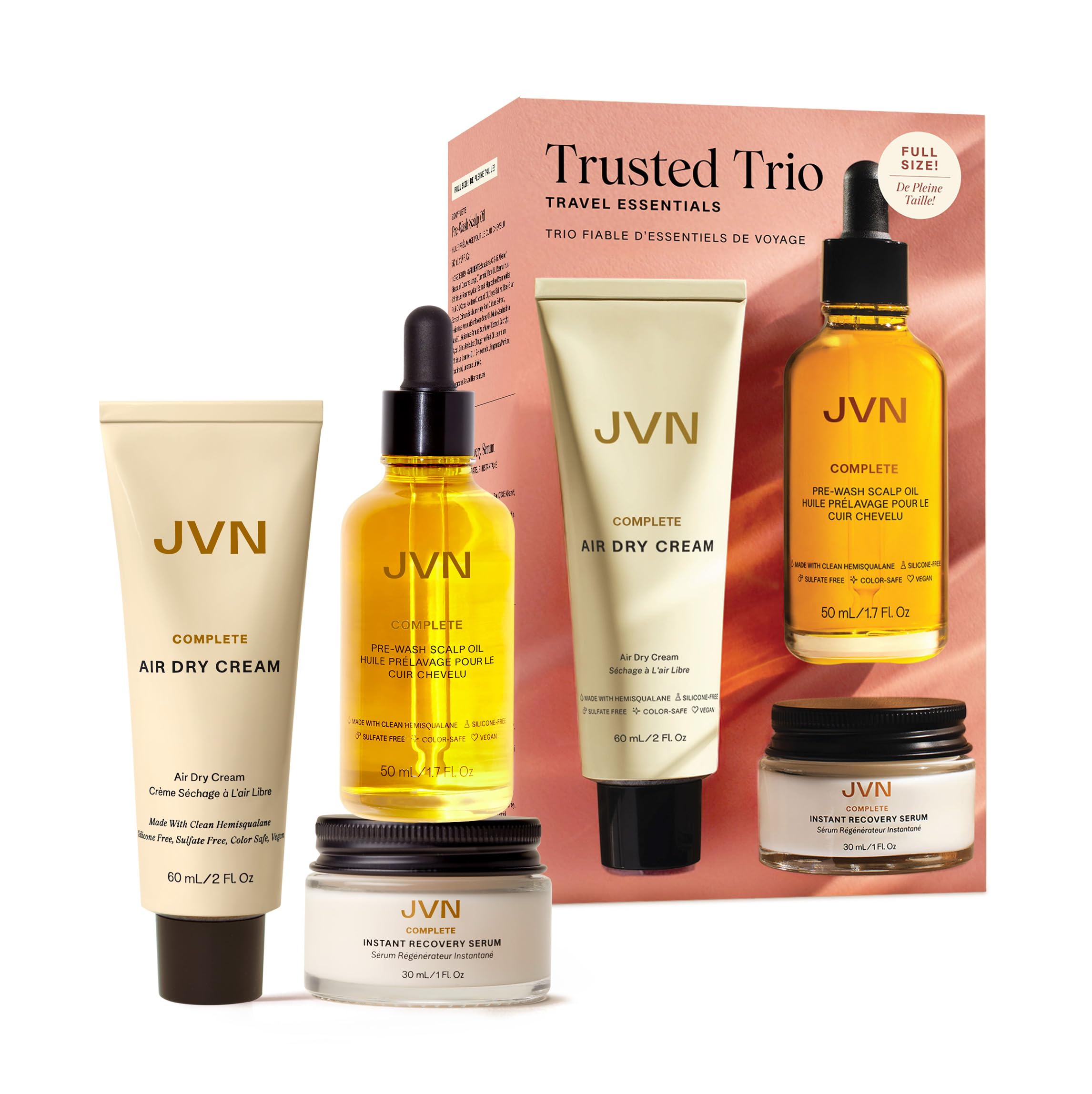The JVN Trusted Trio travel packaging showcases the complete set for on-the-go hair care.