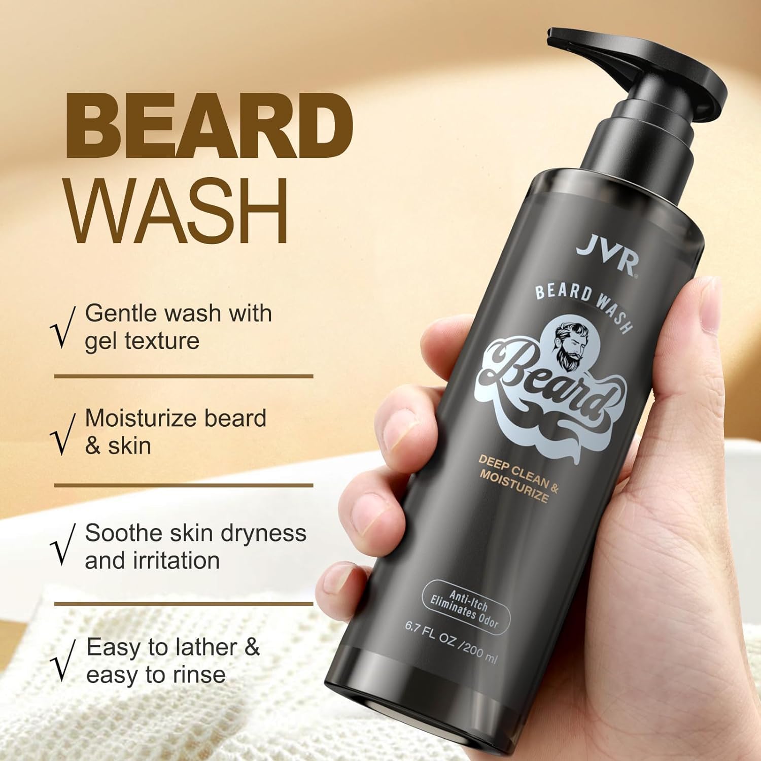 JVR beard conditioner bottle with pump indicating detangling and shine.