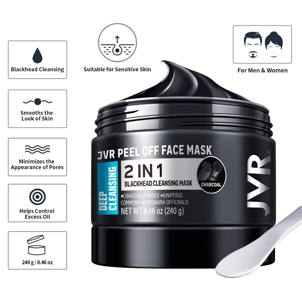 JVR Charcoal Peel-Off Mask jar texture close-up showing creamy formula with charcoal infusion.