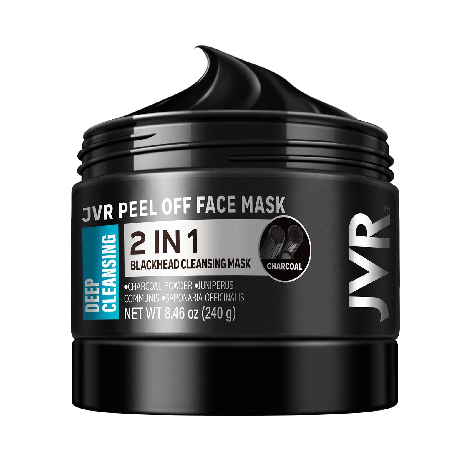 JVR Charcoal Peel-Off Mask packaging close-up highlighting premium design and cleansing routine.