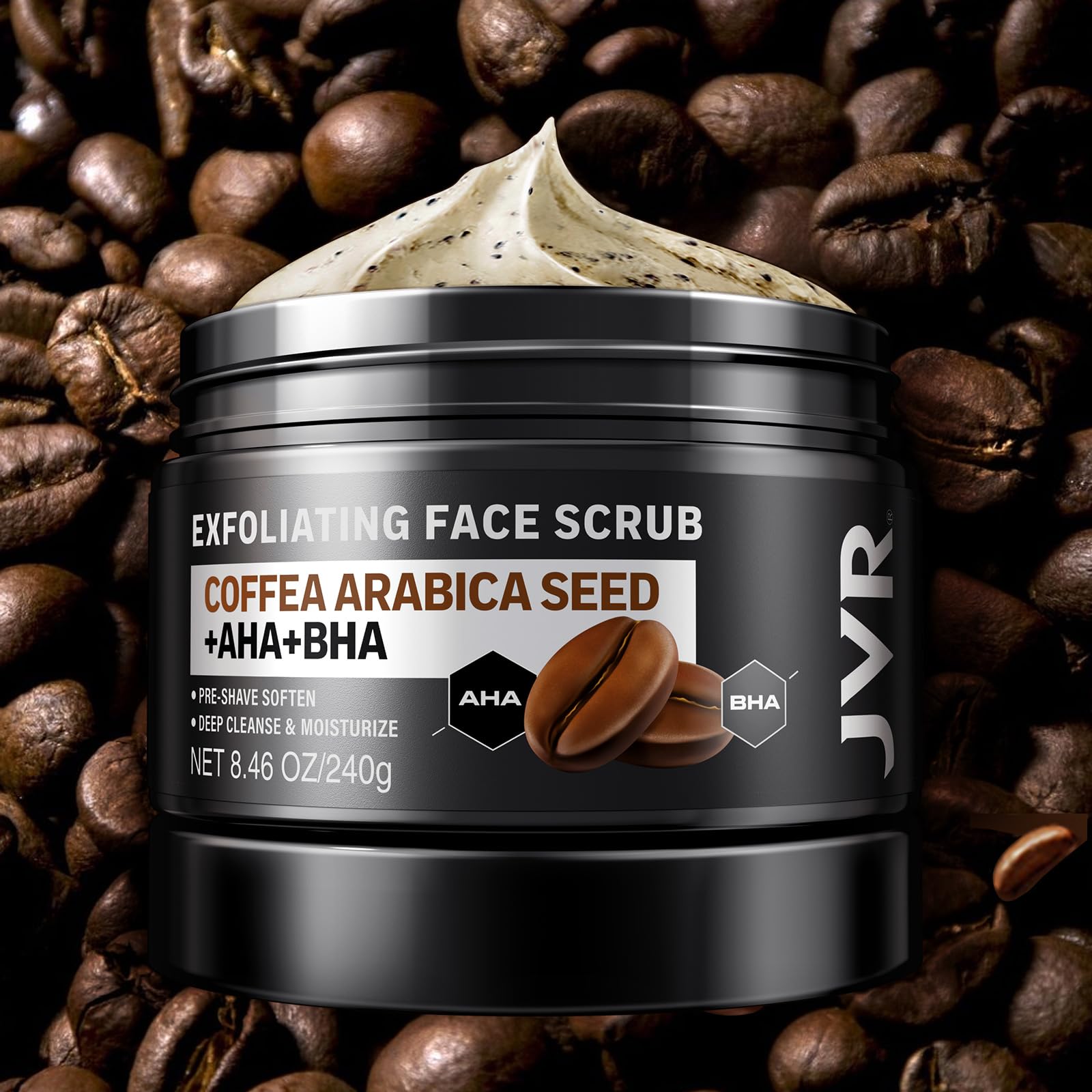 JVR Face Scrub application on wet face shows circular massage for exfoliation.