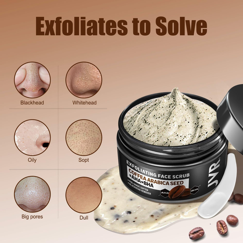 JVR Face Scrub con café y aroma suave revitalizando la piel.