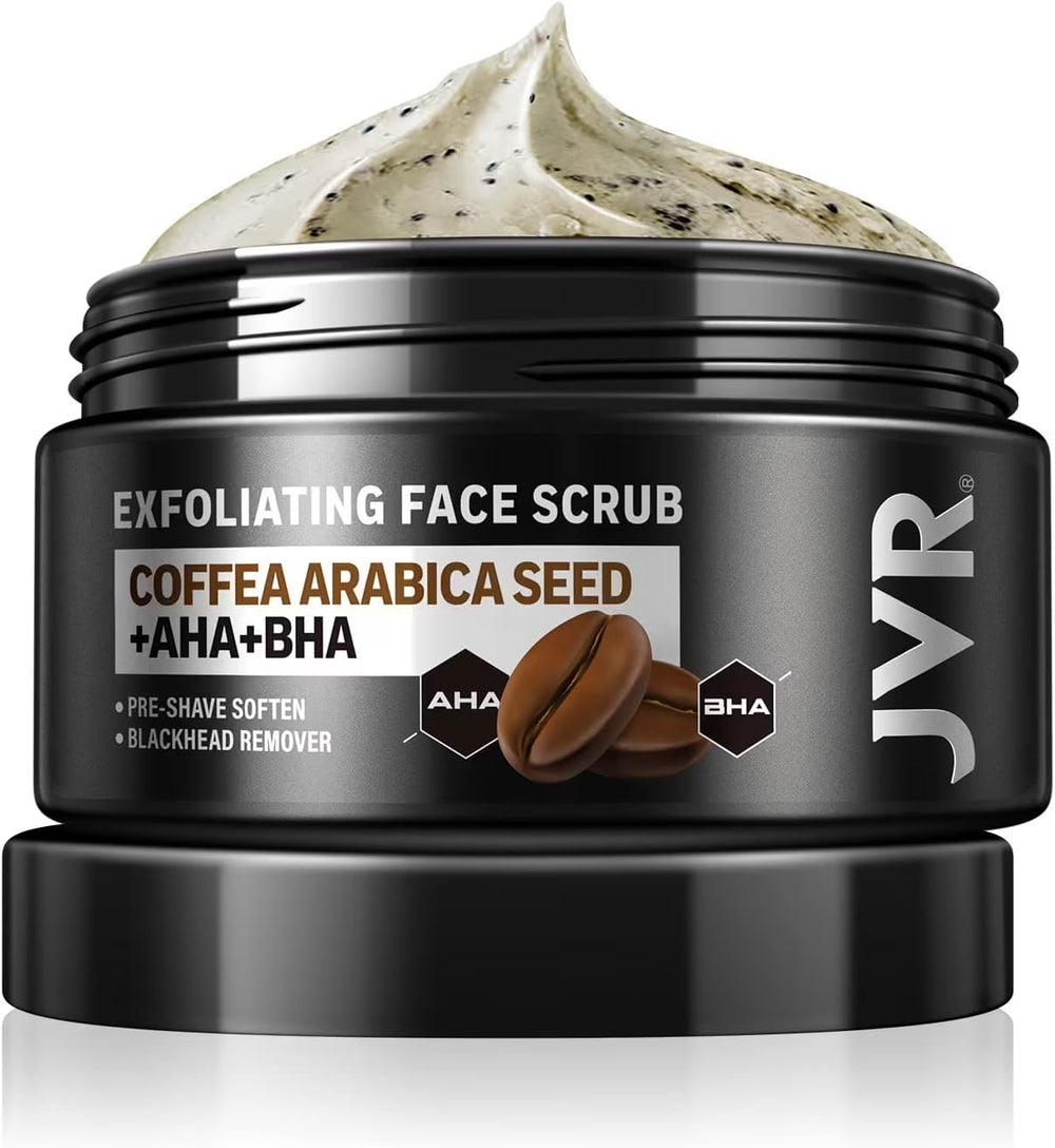 JVR Face Scrub en frasco, exfoliación suave para poros limpios.