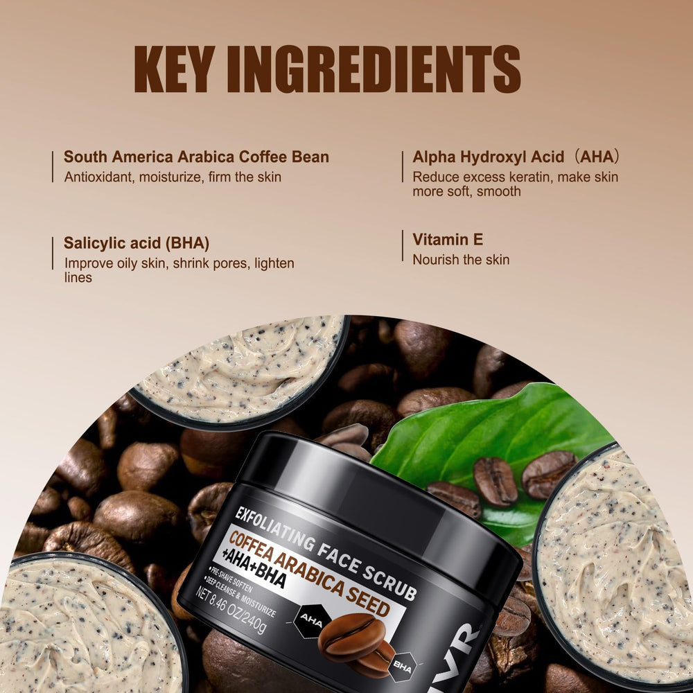 JVR Face Scrub ingredient coffee extract highlights natural energy boost for skin.