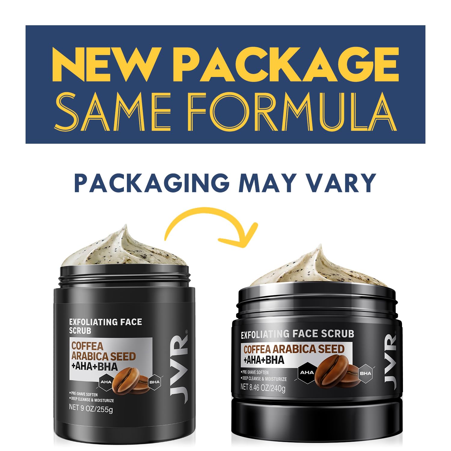 JVR Face Scrub packaging label view communicates premium organic blend.