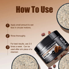 JVR Face Scrub spoon measure demonstrates precise dose for quick daily cleanse.