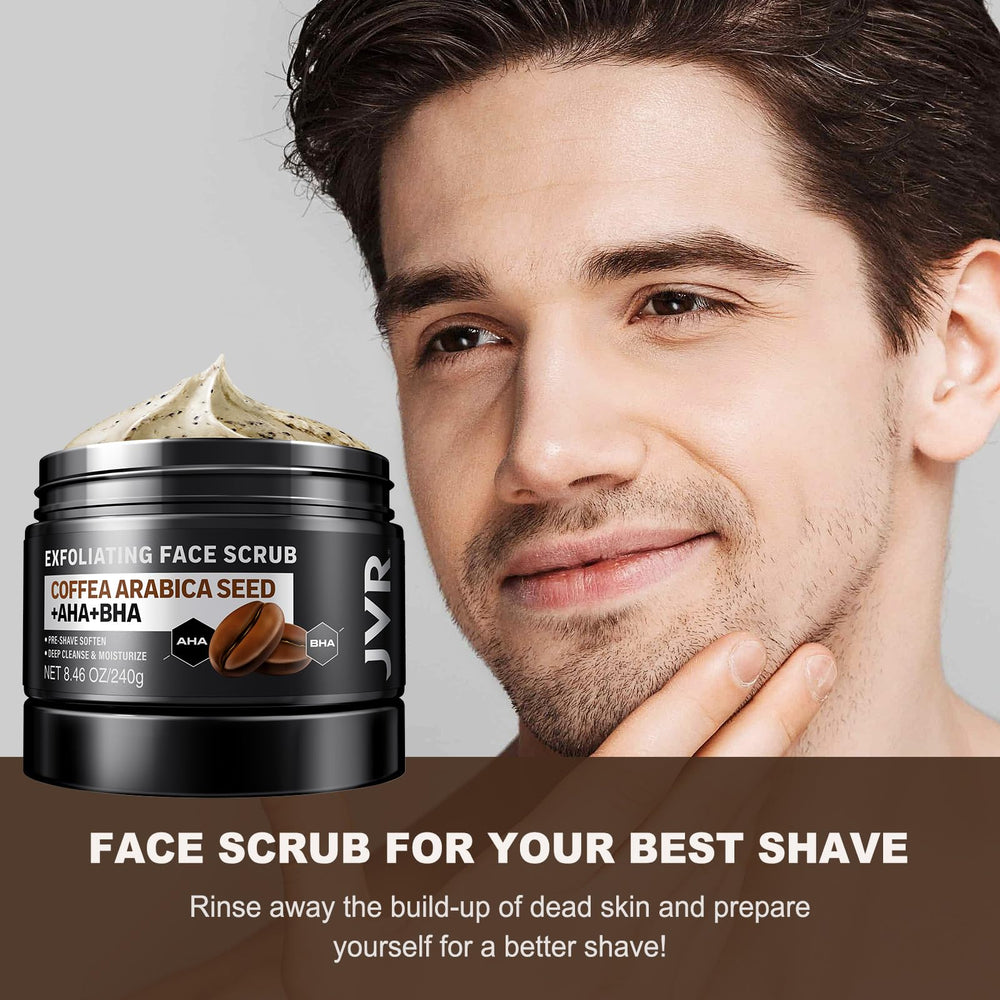 JVR Face Scrub texture close-up highlights gritty exfoliant for smoother skin.