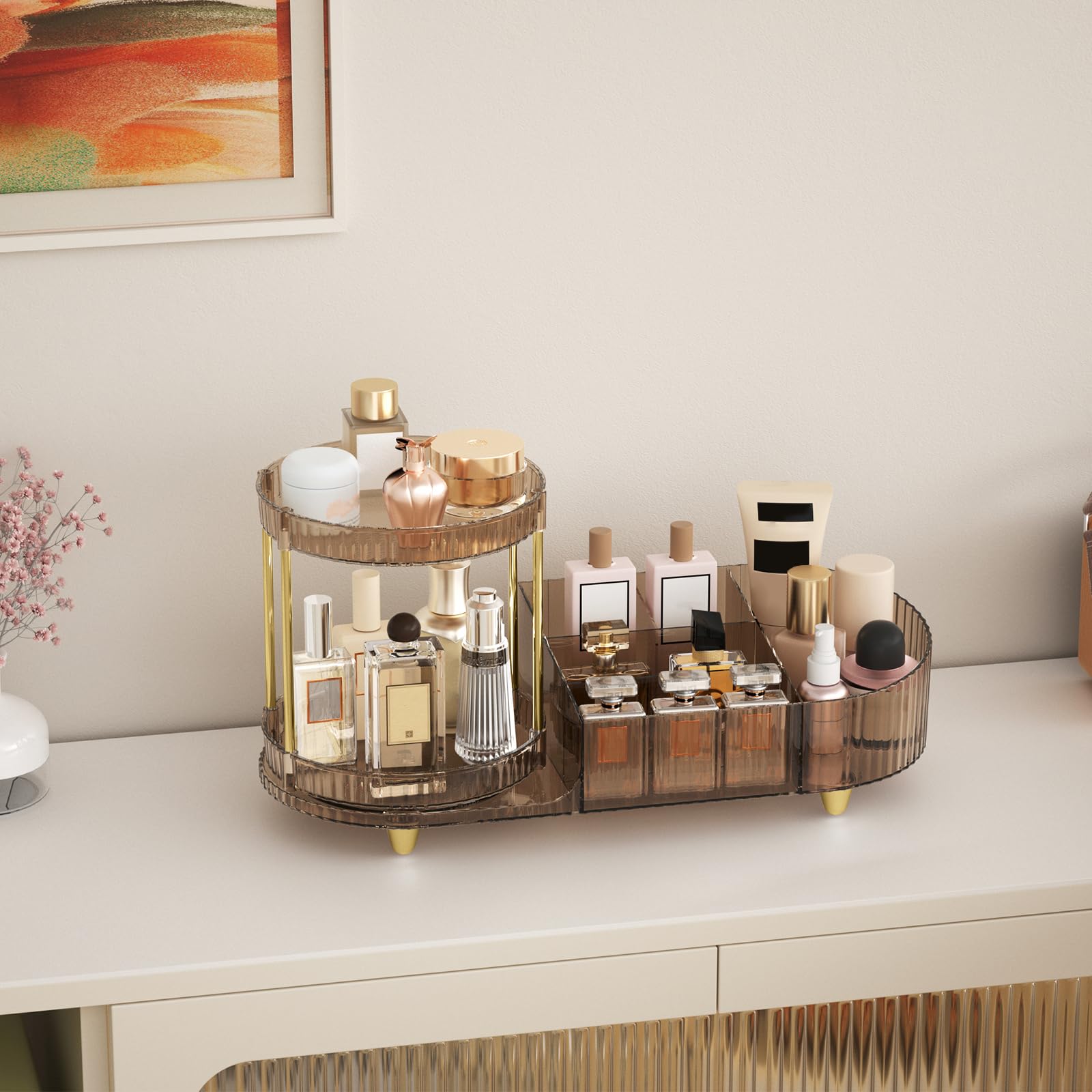 Jywantful clear brown vanity desk organizer with gold accents enhances decor