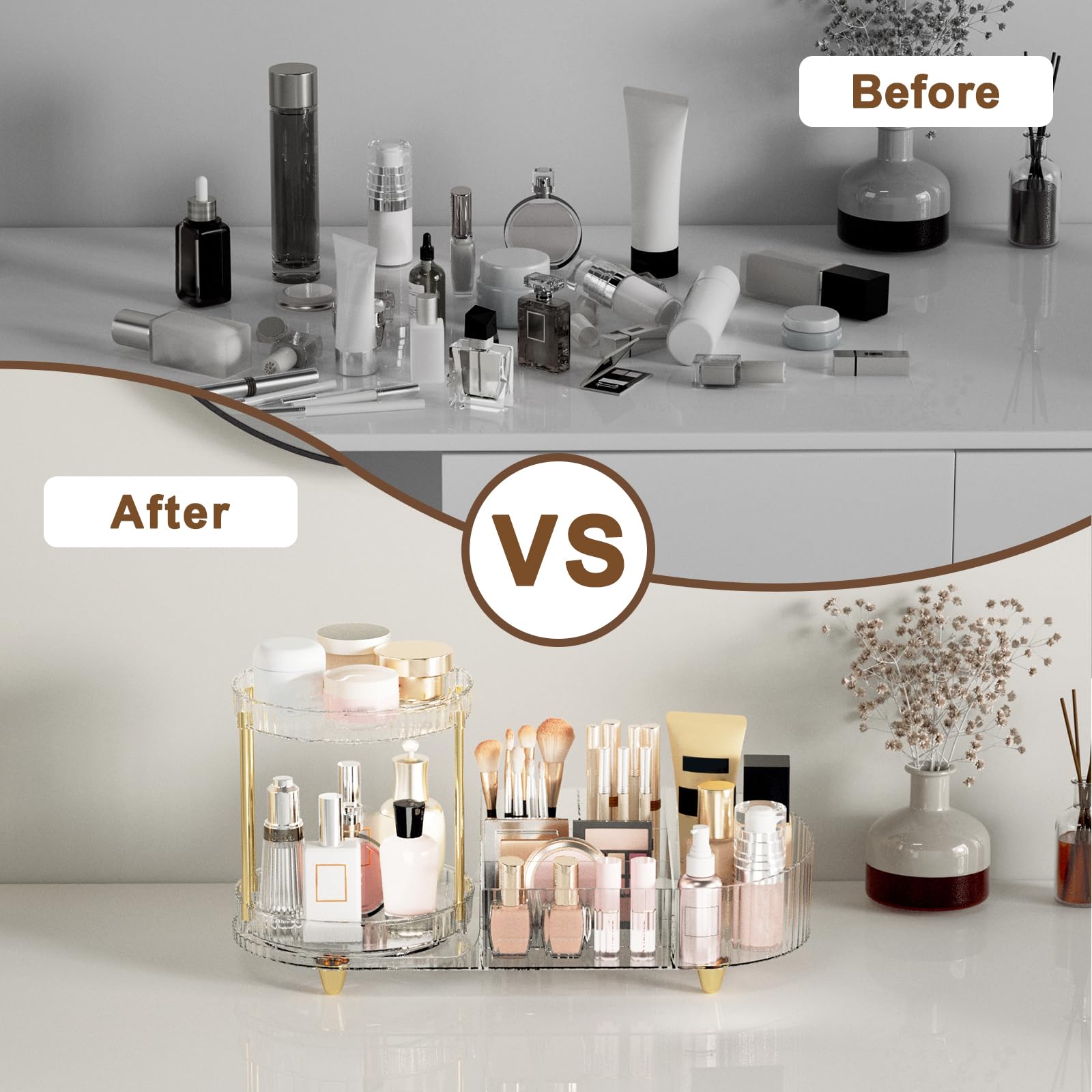 Jywantful five-compartment storage for brushes, lip glosses, and nail polishes.