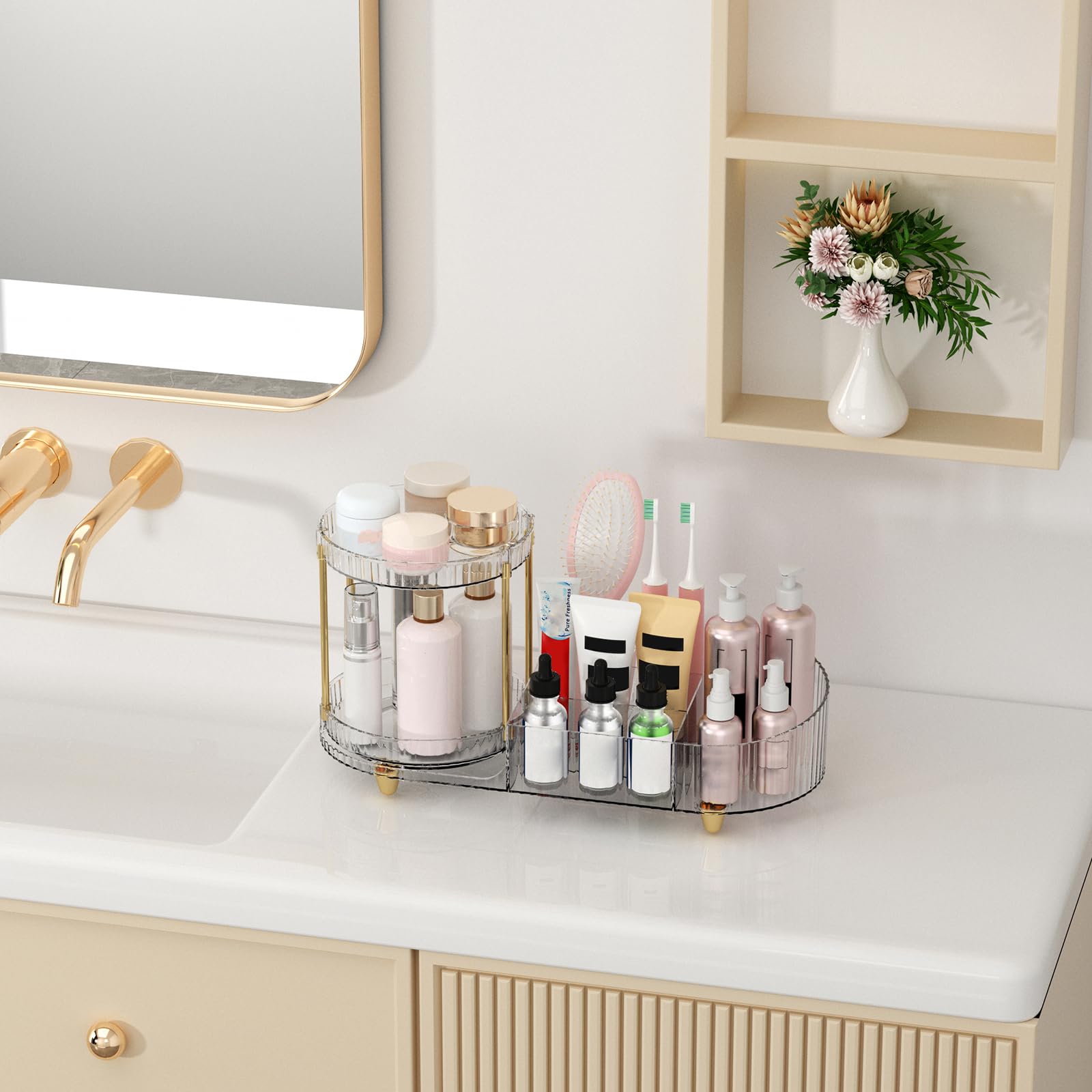 Jywantful gold-accent vanity organizer adds elegant decor to any dresser.