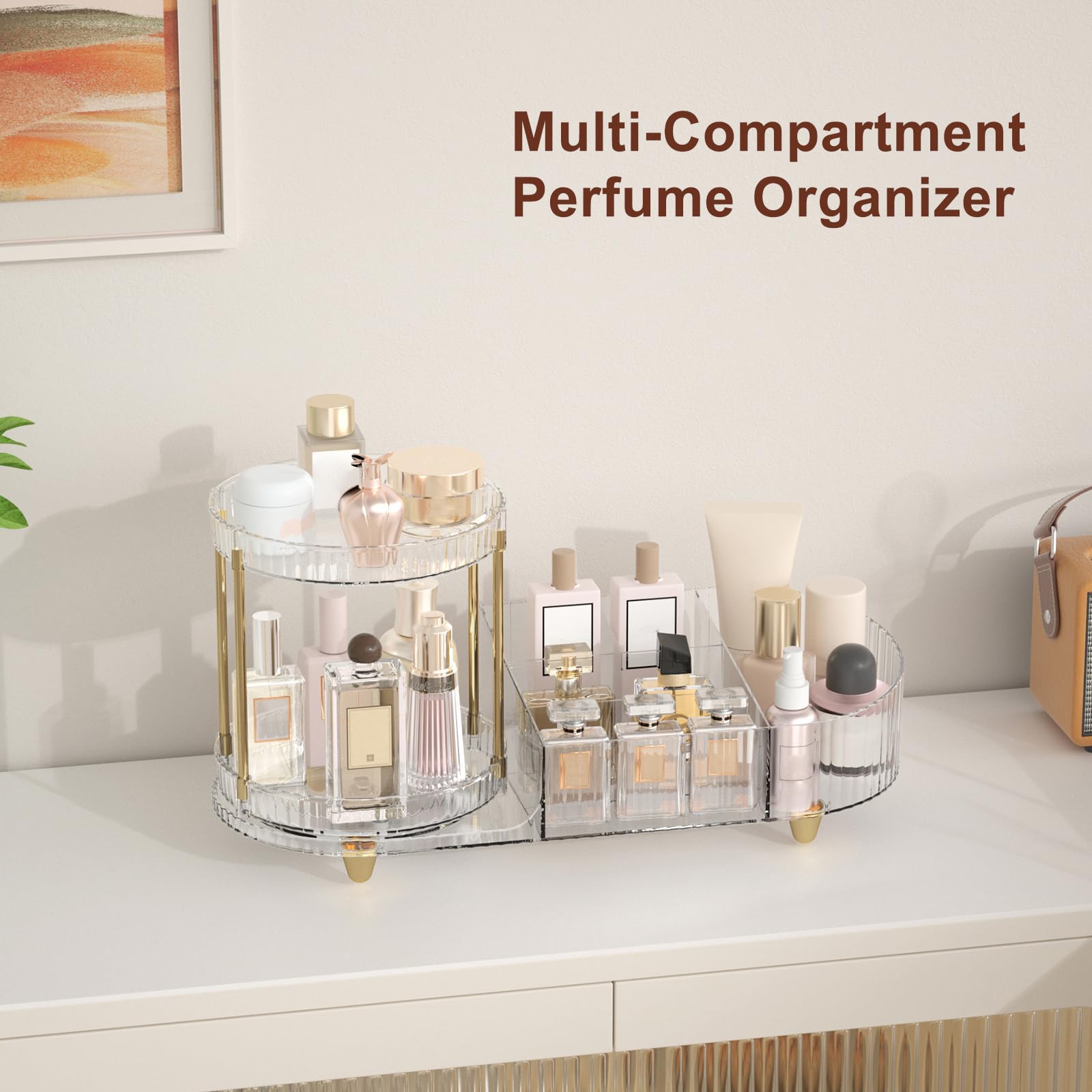 Jywantful perfume and cosmetics organized on countertop with space saving design.