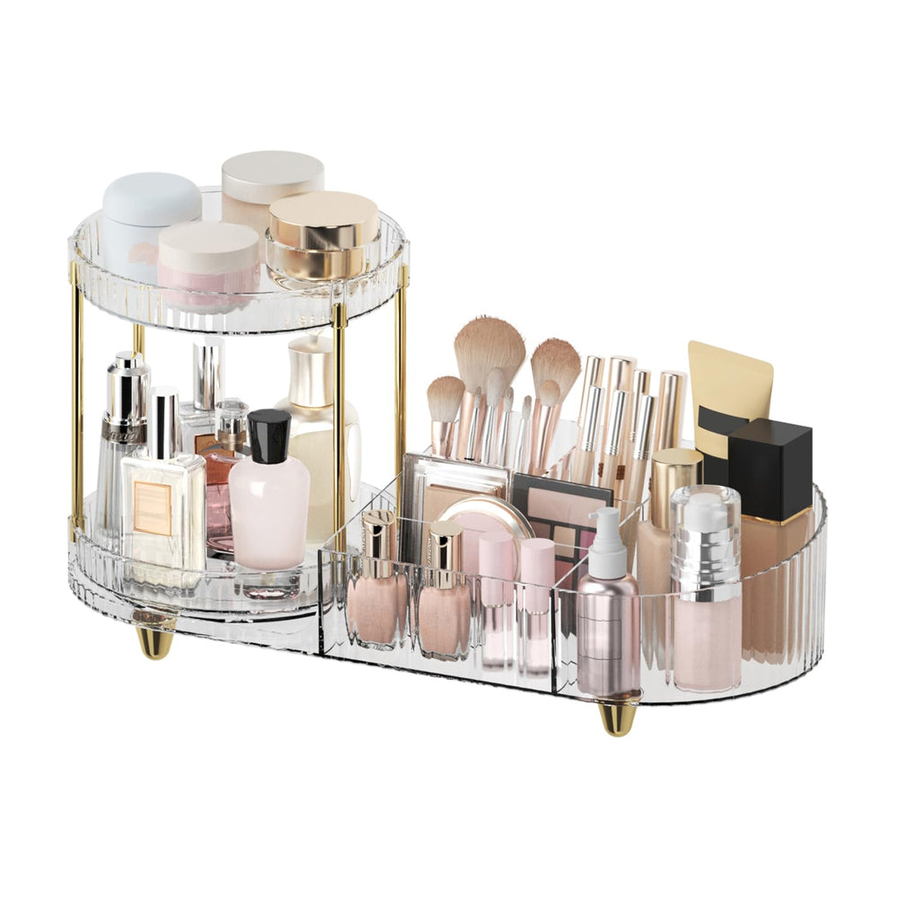 Jywantful rotating makeup organizer on vanity for easy access to cosmetics.