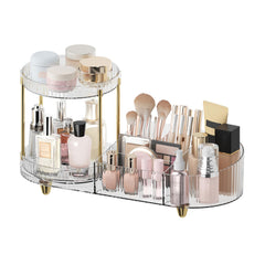 Jywantful rotating makeup organizer on vanity for easy access to cosmetics.