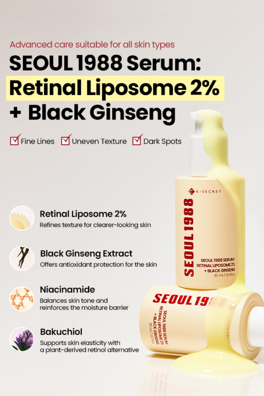 K-SECRET SEOUL 1988 Sérum Retinal Liposoma: aplicación nocturna para el cuidado de la piel.