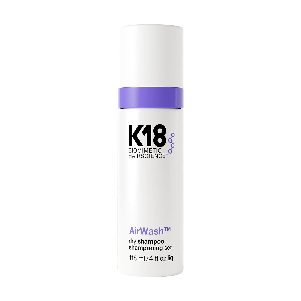 K18 AirWash Dry Shampoo bottle closeup highlighting non-aerosol formula for quick refresh.