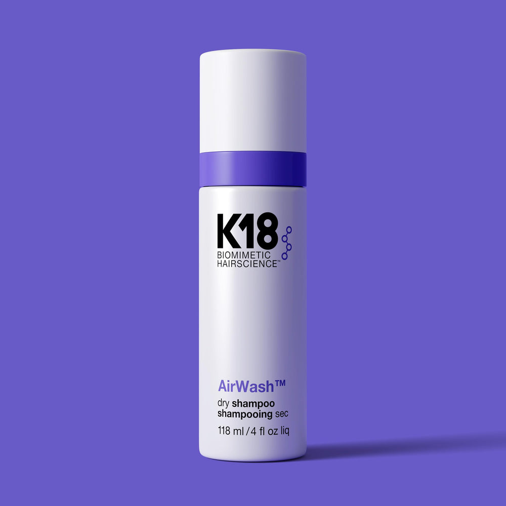 K18 AirWash packaging box emphasizes eco-friendly non-aerosol hair refresh.