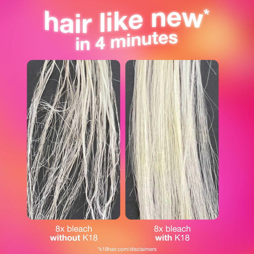 K18 application on hair care routine emphasizing quick, leave-in use.