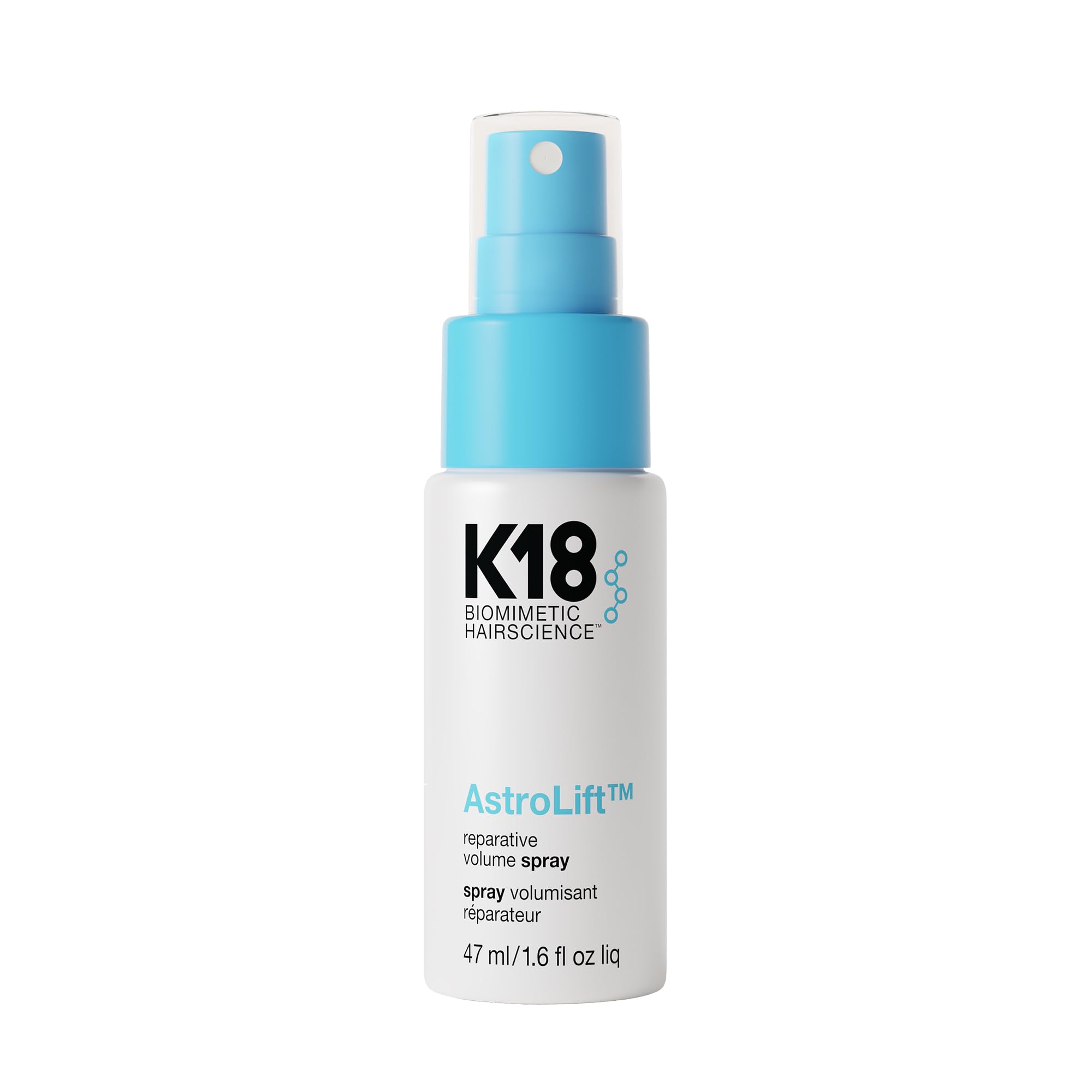 K18 AstroLift volume spray bottle delivers lift and fuller hair without weight.