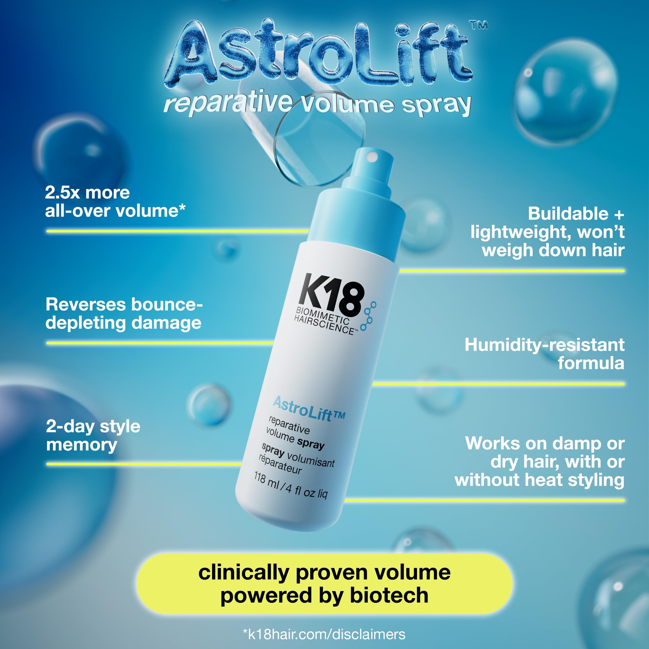 K18 AstroLift root-to-tip volume boost enhances thickness from roots to ends.