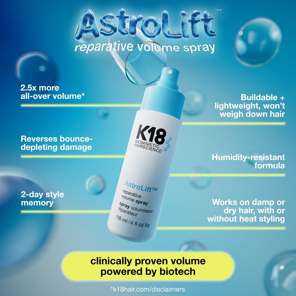 K18 AstroLift root-to-tip volume boost enhances thickness from roots to ends.