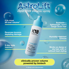 K18 AstroLift root-to-tip volume boost enhances thickness from roots to ends.