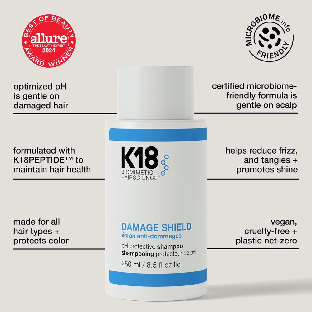 K18 Damage Shield label close-up highlighting K18PEPTIDE benefits.