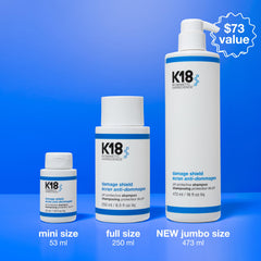 K18 Damage Shield label close-up showing product details for frizz control