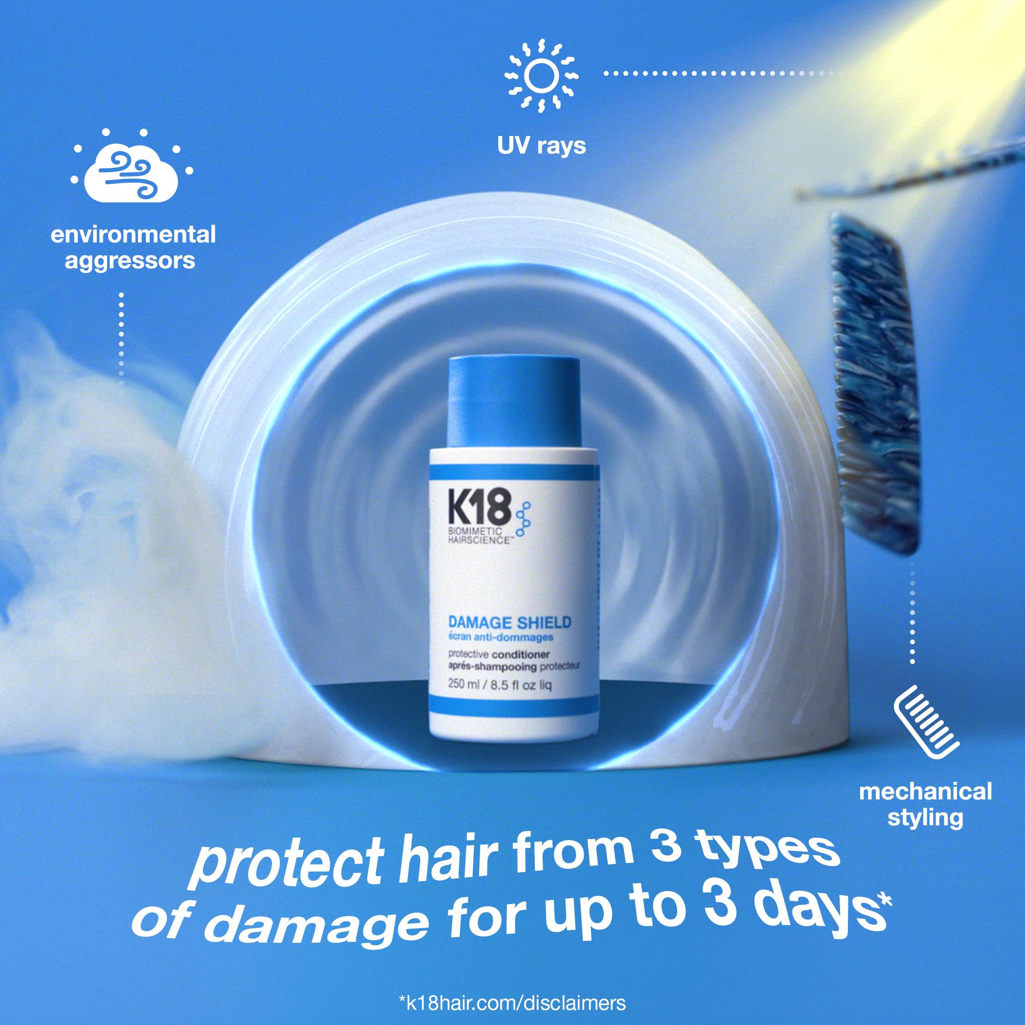 K18 Damage Shield smooth hair close-up highlights detangled, glossy strands.