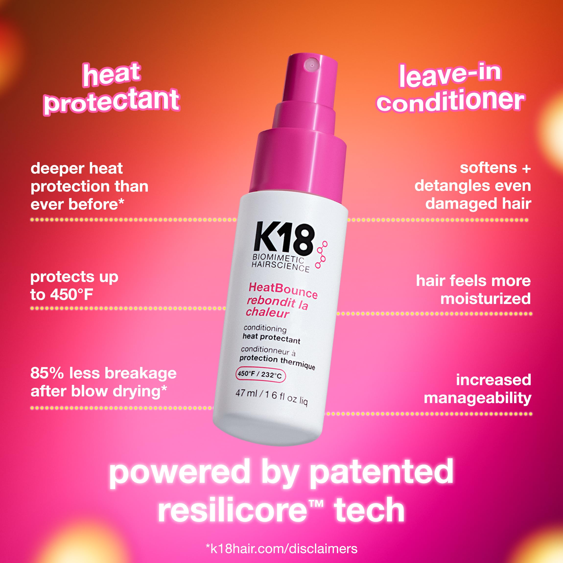 K18 HeatBounce application on damp hair showing heat protection up to 450℉