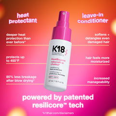 K18 HeatBounce application on damp hair showing heat protection up to 450℉