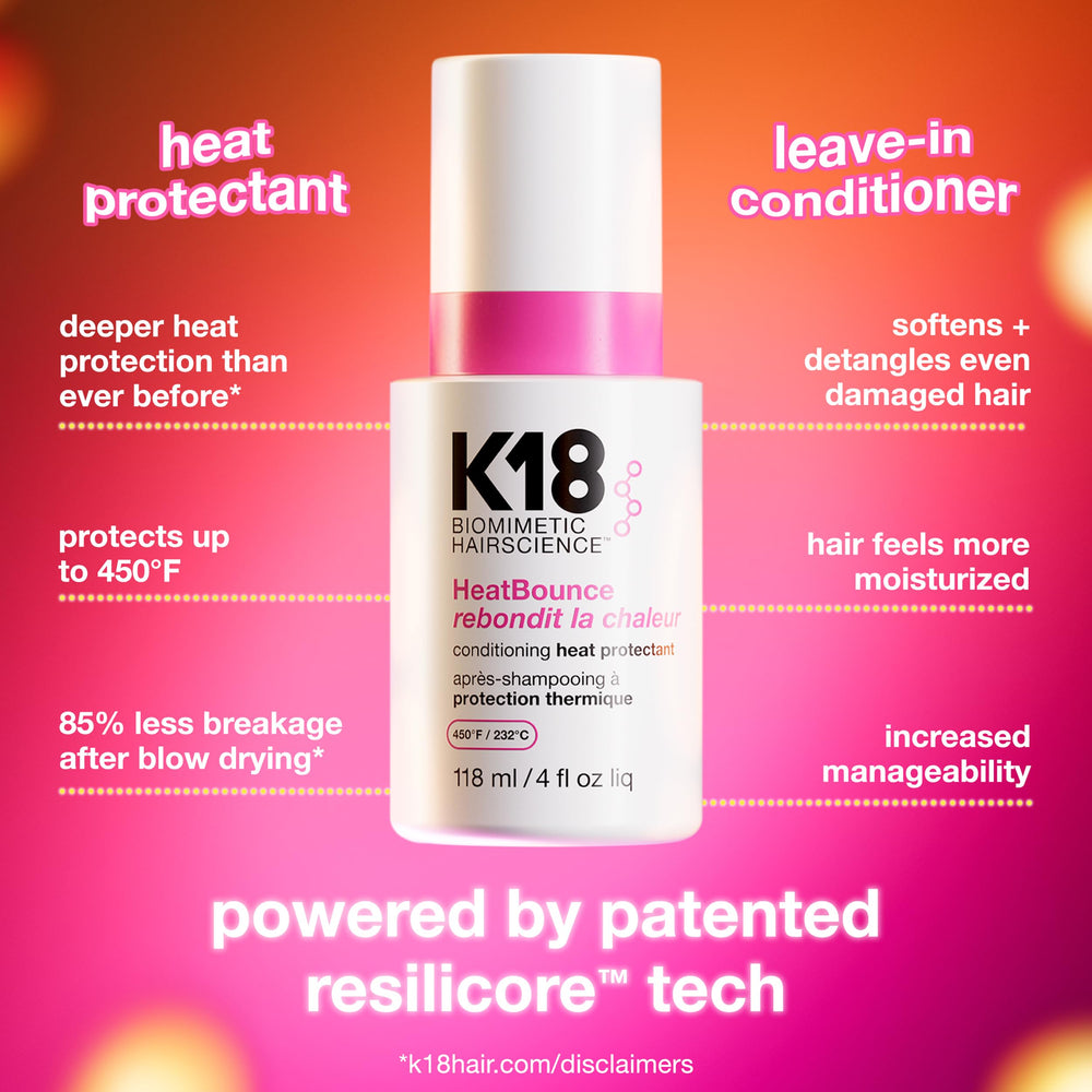 K18 HeatBounce spray mist dispense illustrating quick, even heat protection