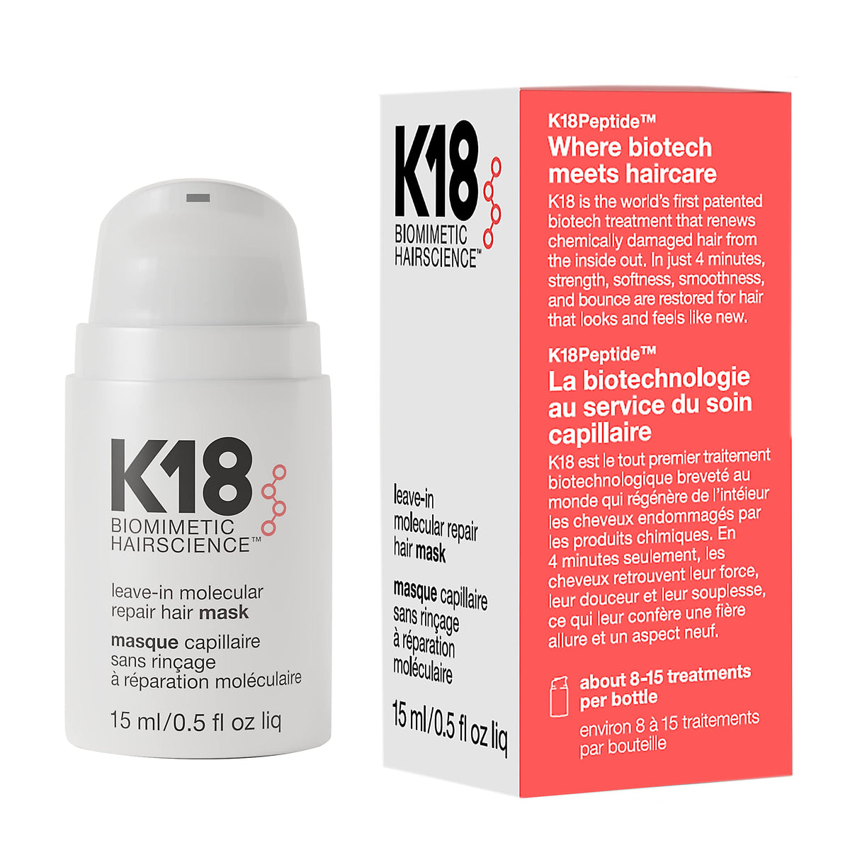 K18 Leave-In Molecular Repair Mask bottle close-up showing peptide-based renewal for damaged hair.