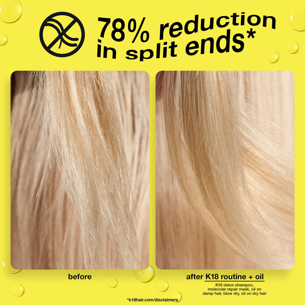 Close-up of K18 Molecular Repair Hair Oil label in clean design.