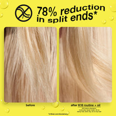 Close-up of K18 Molecular Repair Hair Oil label in clean design.